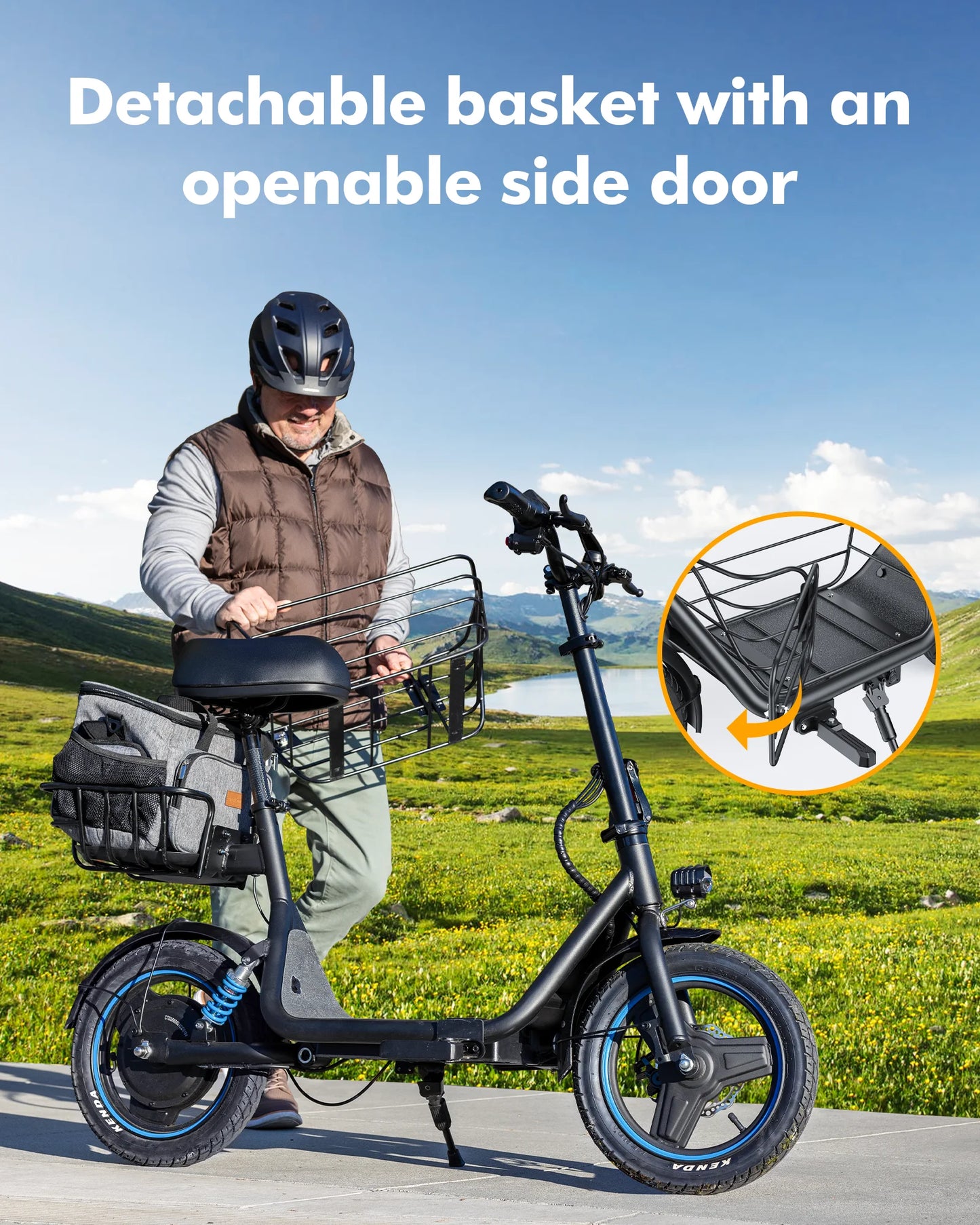 650W Electric Scooter with Seat for Heavy Adults up to 300LB - 14" Wheels with Basket & Dual Shock Absorbers & Free Dog Mat, 48V/13.5Ah,30 Miles Range, 18.6MPH