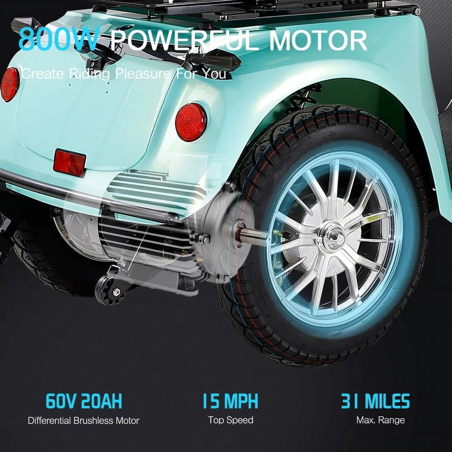 Mobility Scooter with Adjustable Seat & Storage Box, 4-Wheel, 800W Green