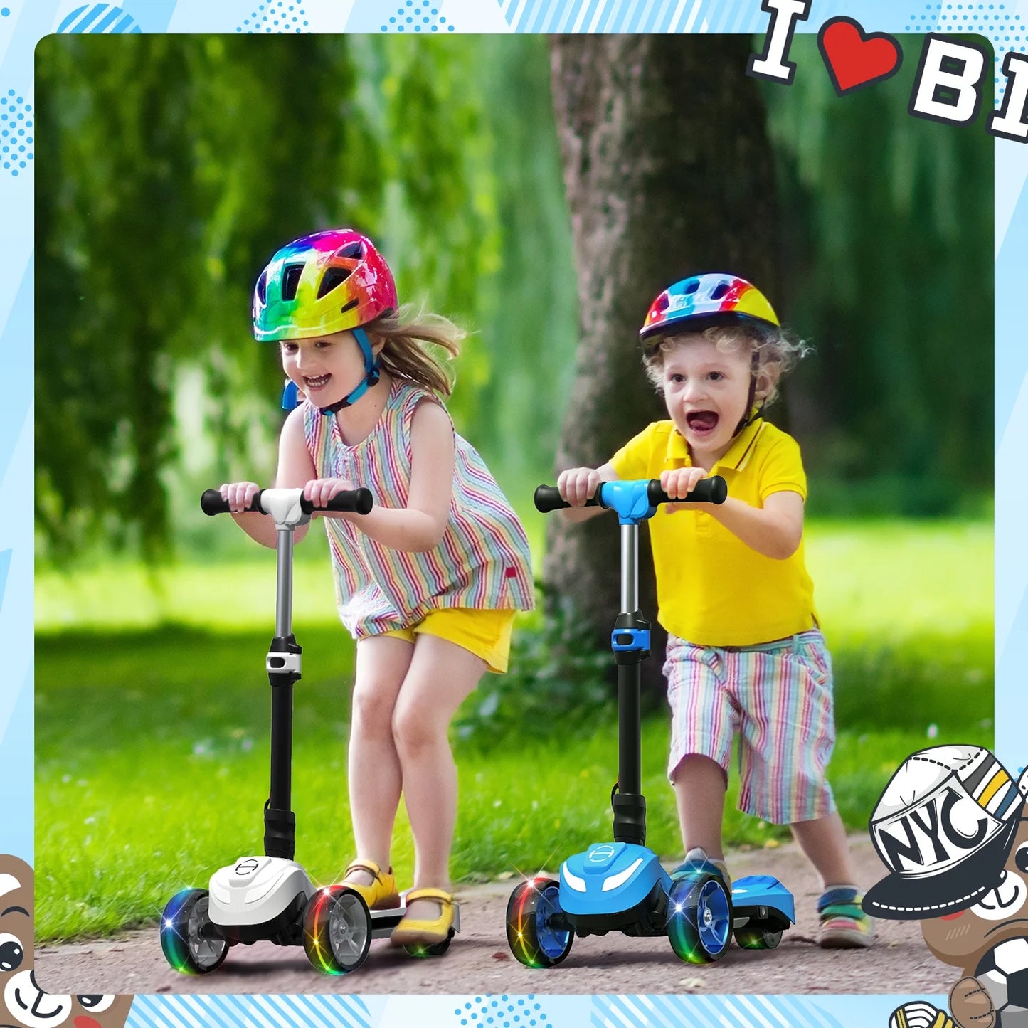 Electric Scooter for Kids 3+, 3-Wheels 70W Motor Escooter & Light-Up Wheels and Pedal, Foldable & Height Adjustable Toddler Motorized Scooters, E-Scooter for Girls Boys(Blue)