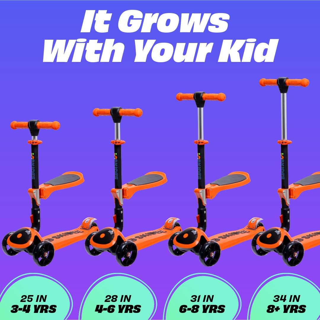 SKIDEE Kick Scooters for Kids Ages 3-5, Adjustable Height Foldable Scooter with Removable Seat, 3 LED Light Wheels, Rear Brake, Wide Standing Board, Suitable up to 12 Year Old Boys/Girls