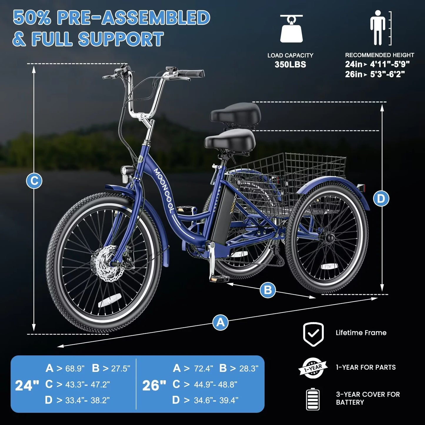 Electric Trike for Adults with Rearview Mirror Accessories Kit, 700W Motor 10.4Ah Battery,24/26 Inches 7 Speeds 3 Wheels Electric Bikes , Certified to UL 2849 by SGS