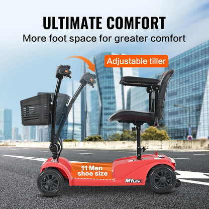 4 Wheels Mobility Scooter, Folding Lightweight Travel Mobility Scooter with Front & Rear LED Light, Heavy Duty Electric Motorized Scooters for Seniors Adults, Compact Mobility Scooter, Red