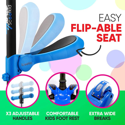 Fitness HURFS56.5 - Scoot Kid 3-Wheel Kids Scooter - Child & Toddler Toy Scooter with Built-In LED Wheel Lights, Fold-Out Comfort Seat (Ages 1+)