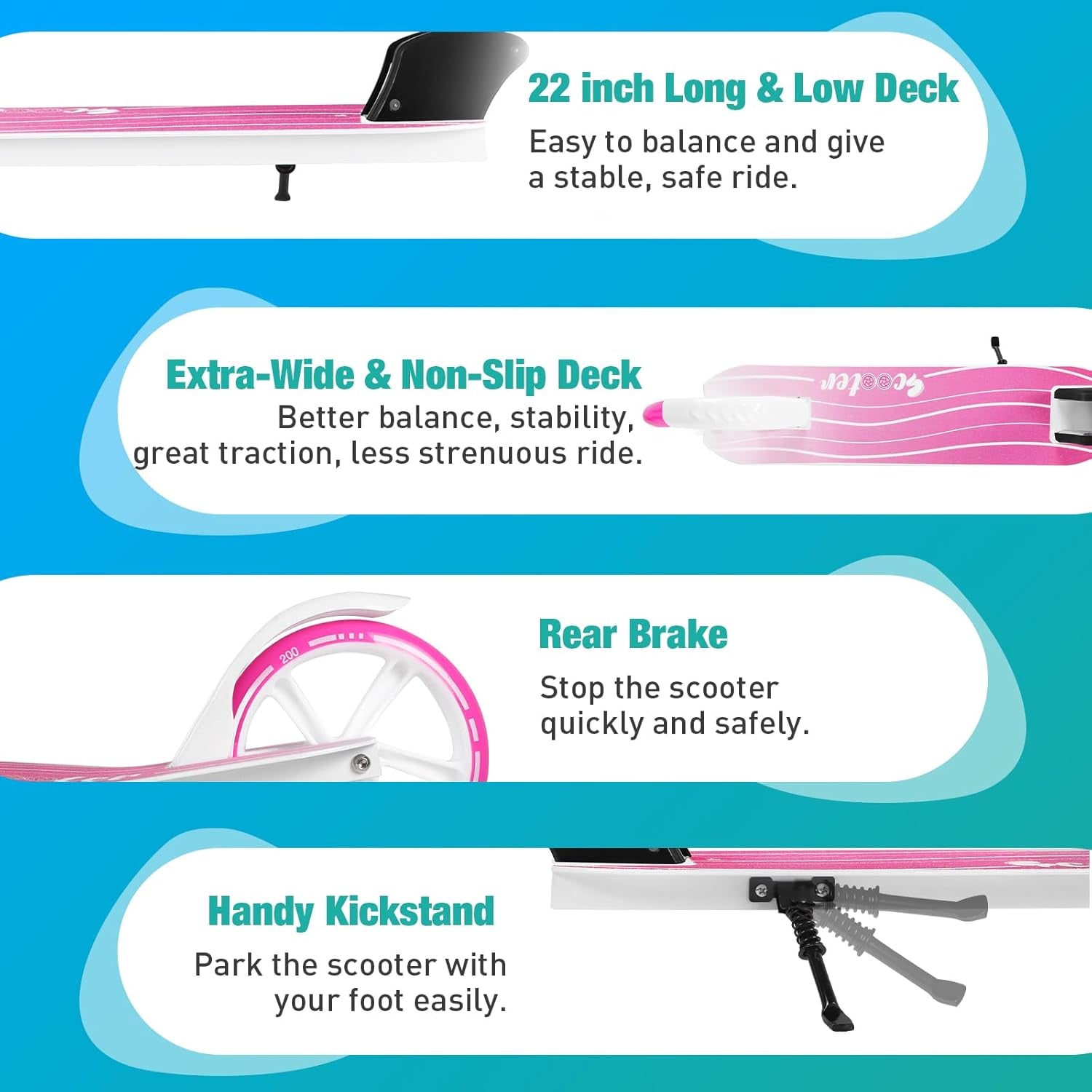 BELEEV V5 Scooters for Kids 6 Years and Up, Folding Kick Scooter 2 Wheel for Adults Teens, 4 Adjustable Handlebar, 200Mm Big Wheels, Lightweight Sports Commuter Scooter, Sturdy Frame, up to 220Lbs