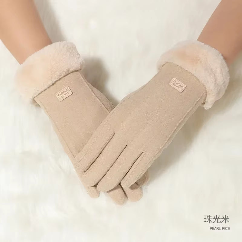 Women Winter Thick Plush Gloves Fashion Warm Suede Outdoor Guantes Lady Touchscreen Driving Gloves Sports Motos Cycling Mittens
