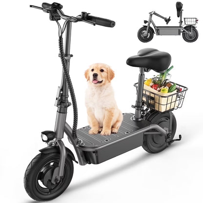 F2 500W Foldable Electric Scooter with Seat for Teen Adults,10 Inch Commuter Escooter with Basket & Wide Pedals - up to 18 Miles 19 Mph