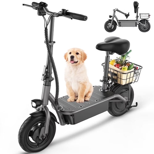 F2 500W Foldable Electric Scooter with Seat for Teen Adults,10 Inch Commuter Escooter with Basket & Wide Pedals - up to 18 Miles 19 Mph