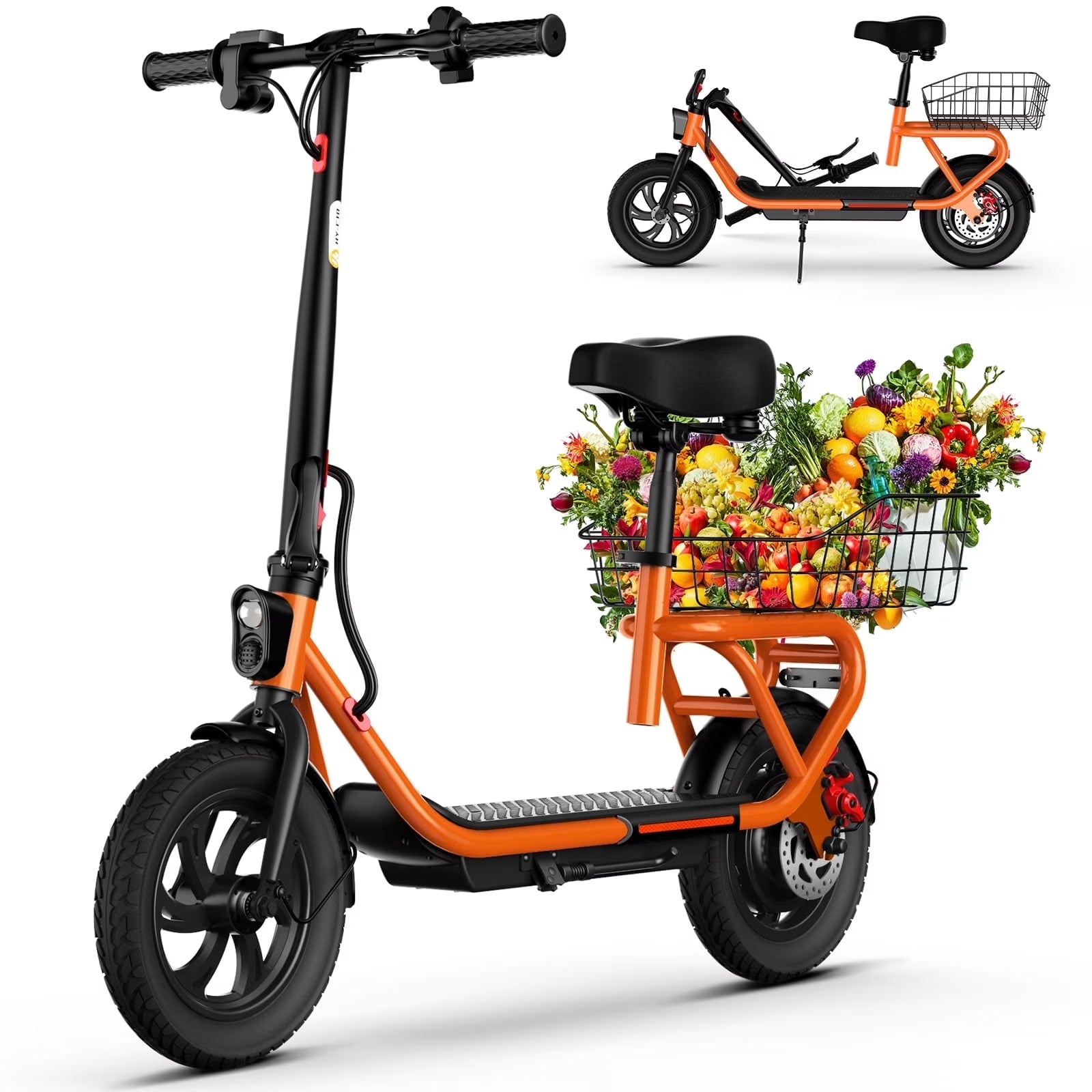 Electric Scooter with Seat, Pneumatic Tires, Peak 600W Motor, Top Speed 19Mph, 20 Miles Long Range, Folding E-Scooter for Commuting with Dual Braking System, Orange