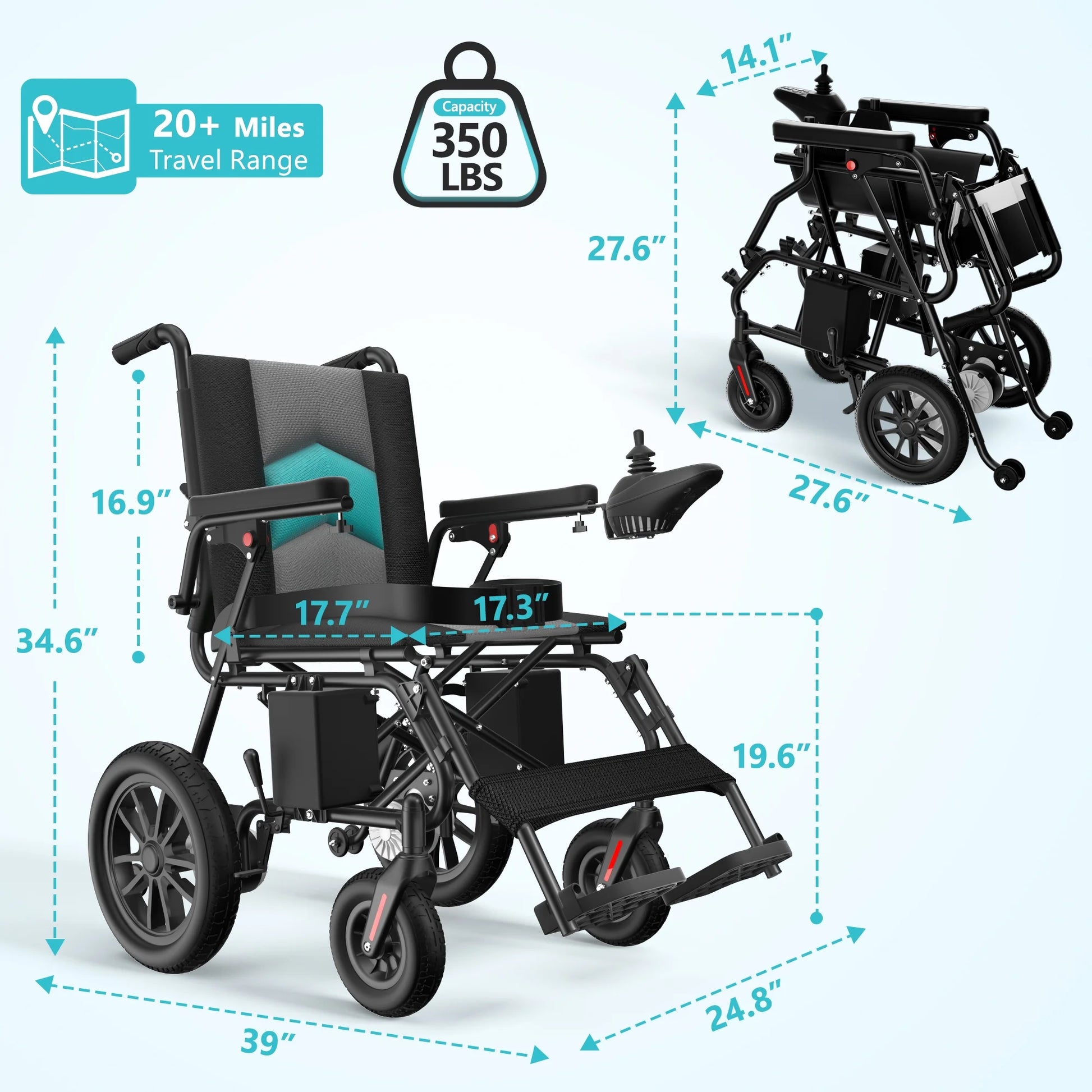 Electric Wheelchair, 20+ Miles Long-Range (350LBS) Lightweight Portable Electric Wheelchair for Adults, Smart Motorized Mobility Scooter with 360° Joystick, 8-Yeas Warranty