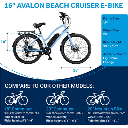 Avalon 16-In Electric Beach Cruiser Bike | Hybrid E-Bike for Adults, Thumb Throttle and Pedal Assist | with Speed Sensor, Storage Rack, Bell, Water Bottle Bracket | Light Blue