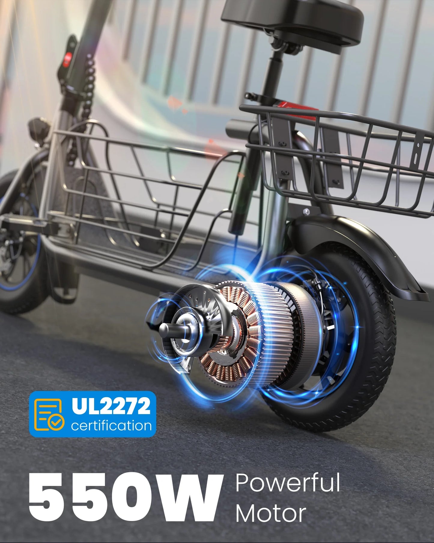 19MPH Foldable 550W Electric Scooter with Seat for Adult，12 Inch Commuter Electric Scooter for Pets with Front & Back Basket, Bigger Seat - up to 21 Miles