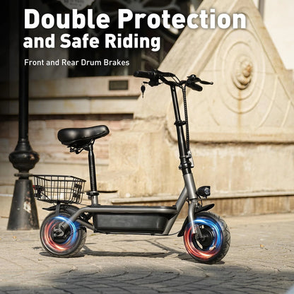 10" Tires Electric Scooter,500W Foldable Electric Scooter for Adult with Seat and Basket, up To18 Miles Range, Top Speed 19 MPH