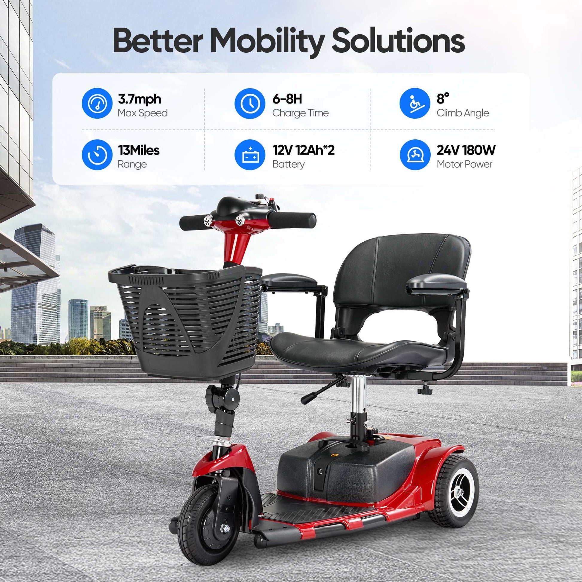 3 Wheel Electric Powered Mobility Scooter, with Lighting Folding Travel Mobile Wheelchair for Seniors, Gift for Elderly, Red