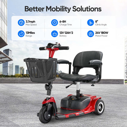 3 Wheel Electric Powered Mobility Scooter, with Lighting Folding Travel Mobile Wheelchair for Seniors, Gift for Elderly, Red