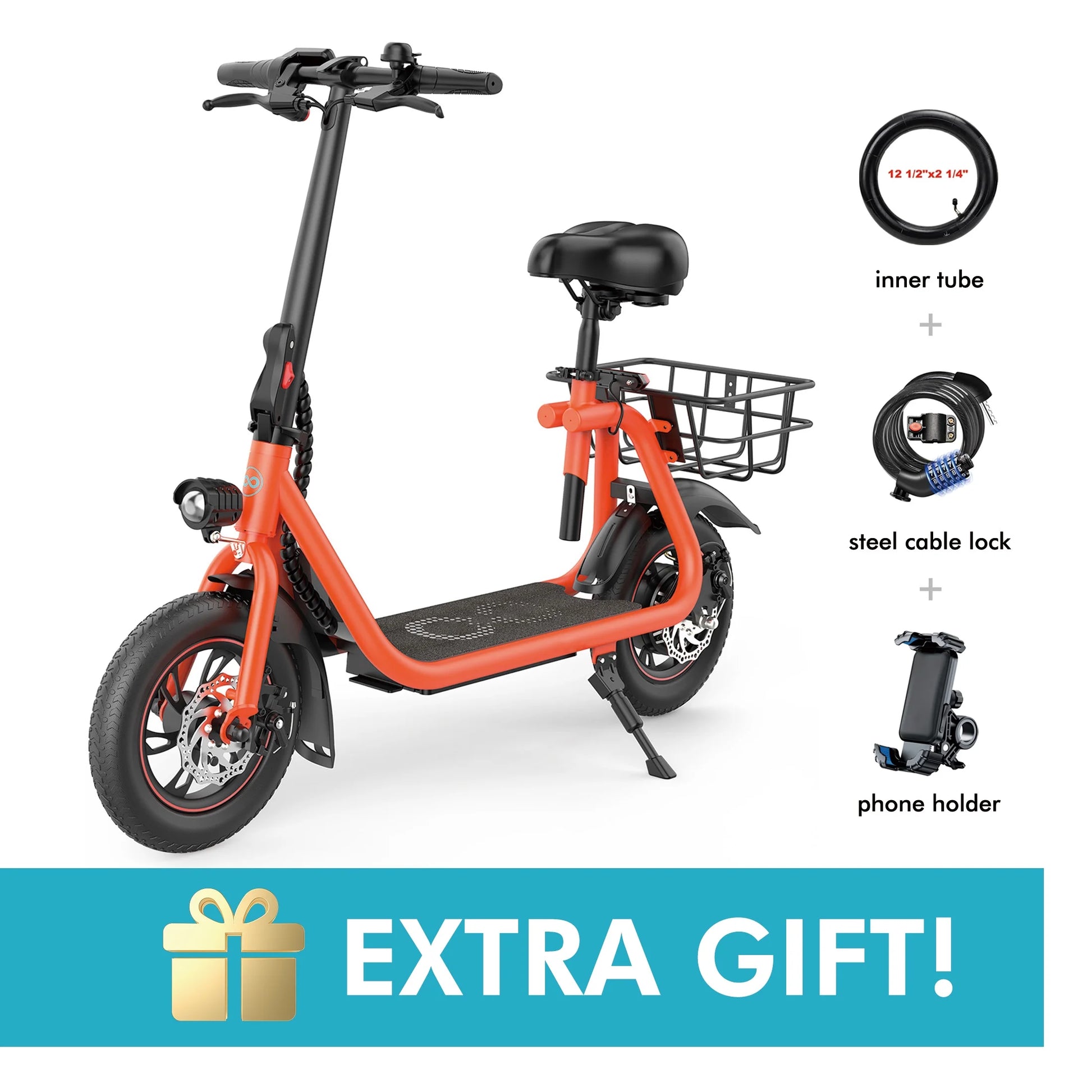 450W Electric Scooter with Seat, Commuter Electric Scooter for Adult with Basket & Free Phone Holder & Steel Cable Lock & Inner Tube- up to 21 Miles 15.5Mph-Oange