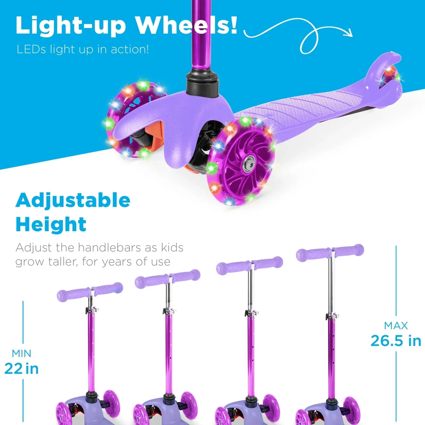 Kids Mini Kick Scooter Toy W/ Light-Up Wheels and Height Adjustable T-Bar - Purple