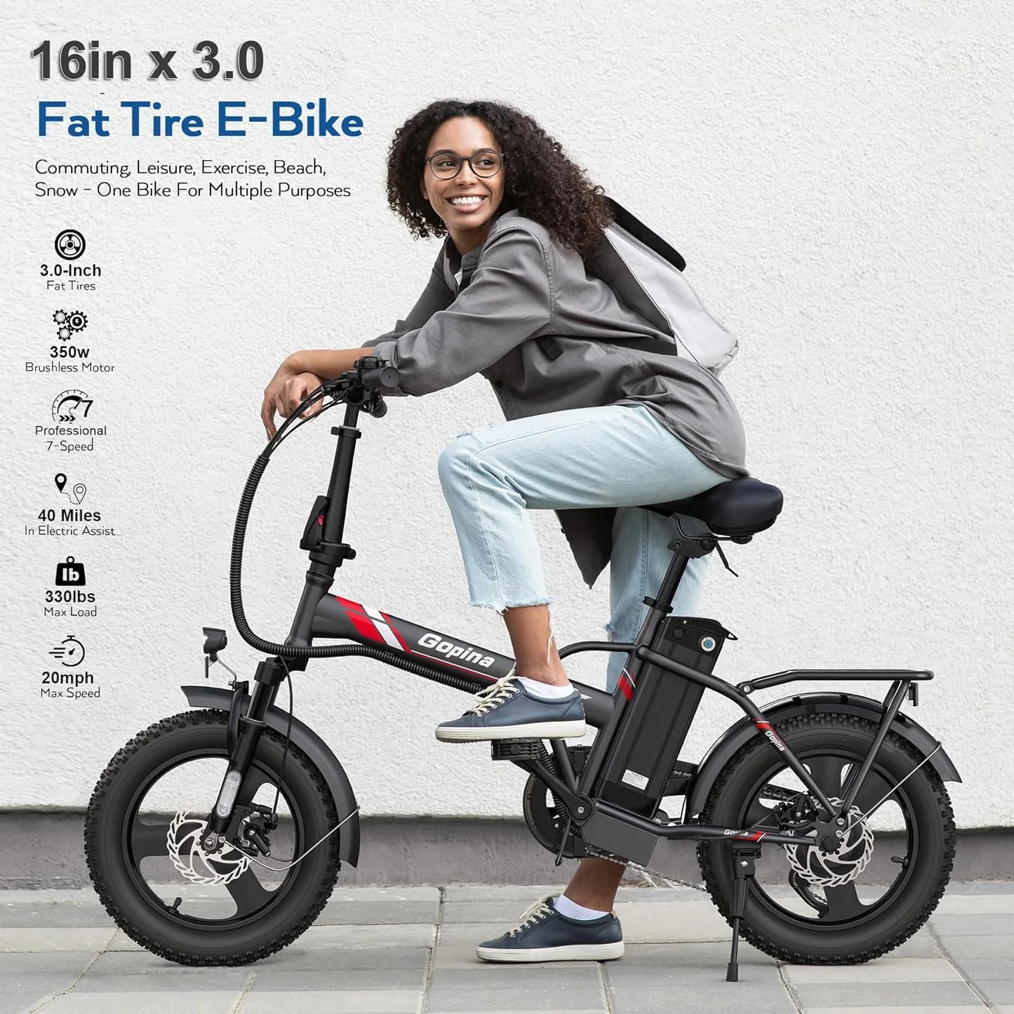 Electric Bike 16" X 3.0 Fat Tire Electric Bike 48V 350W Adult Folding Electric Bike 19.8MPH Urban Commuter Electric Bike with Smart LCD Display