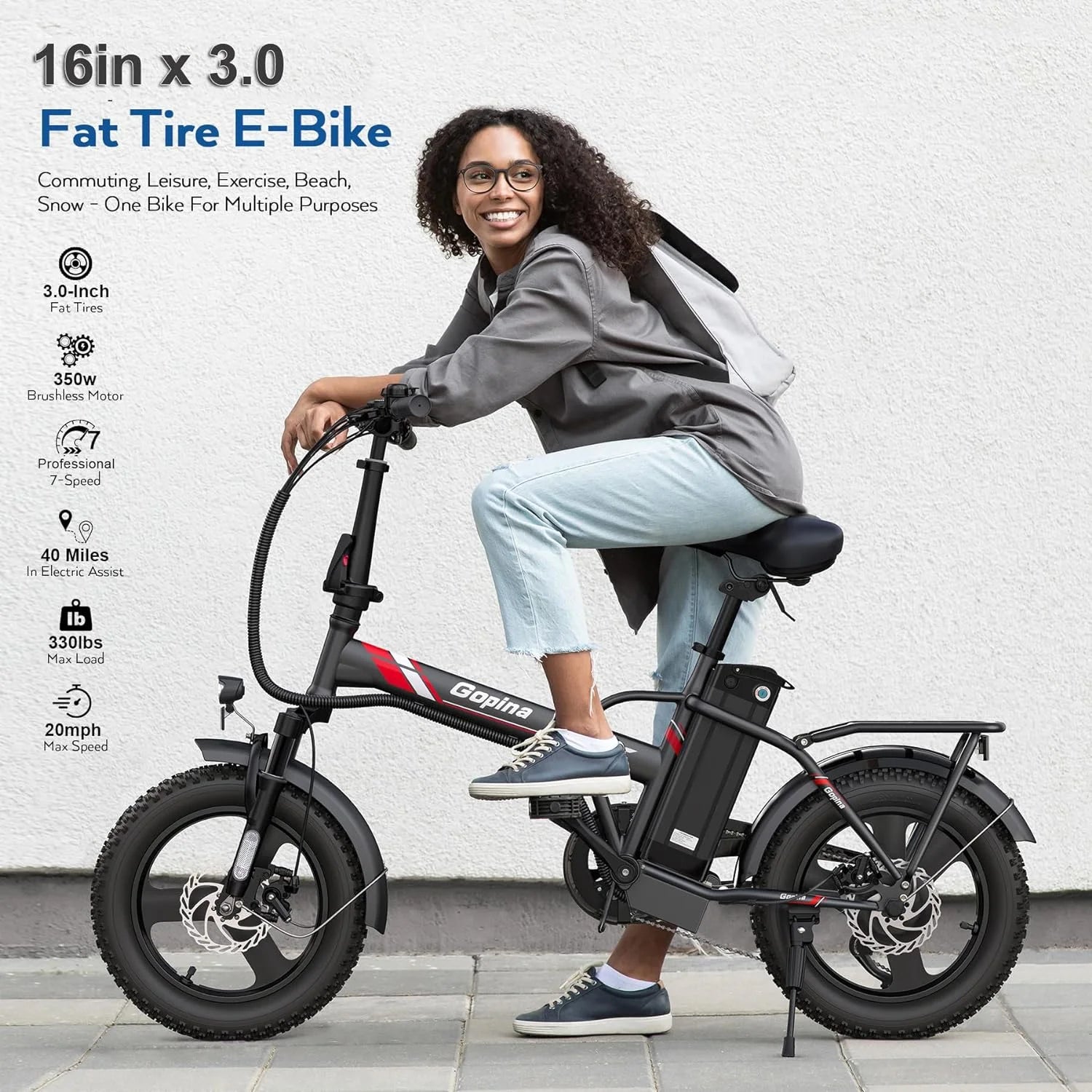 Electric Bike 16" X 3.0 Fat Tire Electric Bike 48V 350W Adult Folding Electric Bike 19.8MPH Urban Commuter Electric Bike with Smart LCD Display