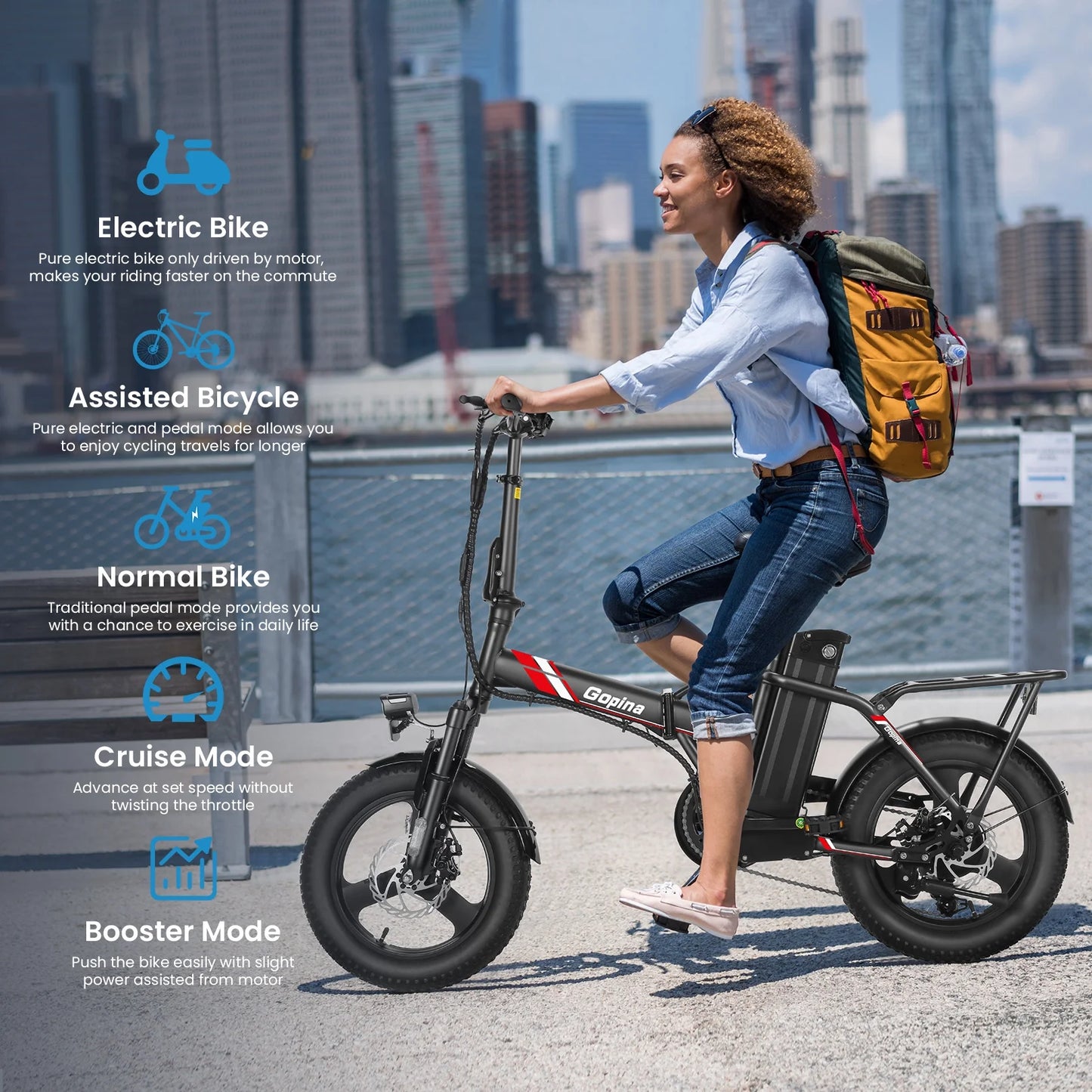 Electric Bike 16" X 3.0 Fat Tire Electric Bike 48V 350W Adult Folding Electric Bike 19.8MPH Urban Commuter Electric Bike with Smart LCD Display