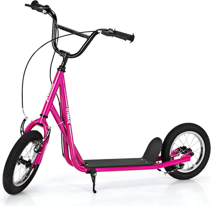 GYMAX Scooter, Kids & Adults Off-Road Scooter with 12" Inflatable Wheels, Adjustable Height Handlebar, V-Type Handbrakes & Axle Pegs for All Terrain, 8+