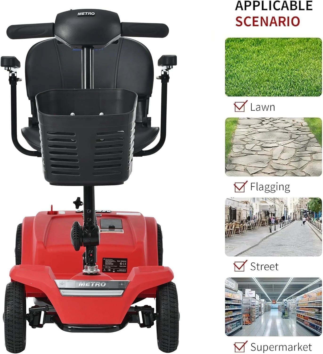 4 Wheels Mobility Scooter, Folding Lightweight Travel Mobility Scooter with Front & Rear LED Light, Heavy Duty Electric Motorized Scooters for Seniors Adults, Compact Mobility Scooter, Red