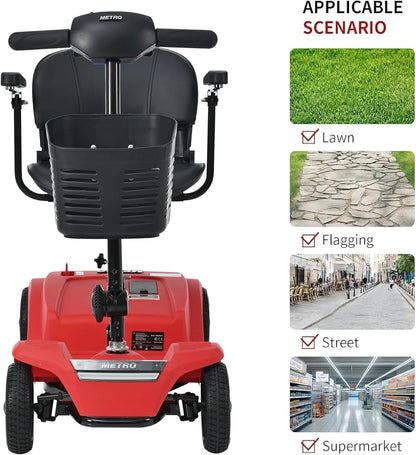 4 Wheels Mobility Scooter, Folding Lightweight Travel Mobility Scooter with Front & Rear LED Light, Heavy Duty Electric Motorized Scooters for Seniors Adults, Compact Mobility Scooter, Red