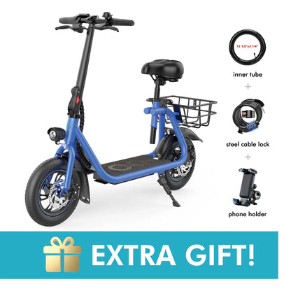 450W Electric Scooter with Seat, Commuter Electric Scooter for Adult with Basket & Free Phone Holder & Steel Cable Lock & Inner Tube- up to 21 Miles 15.5Mph-Blue