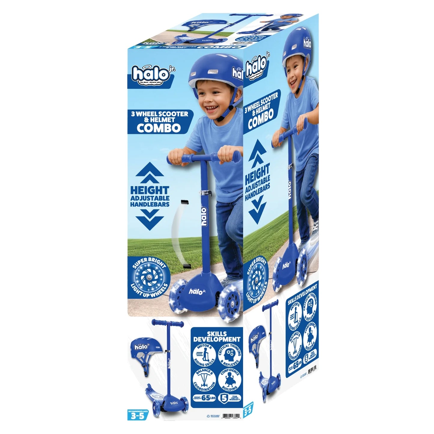 Jr 3 Wheel Scooter and Helmet Set - Blue 2+ - Light up Wheels and Adjustable Helmet