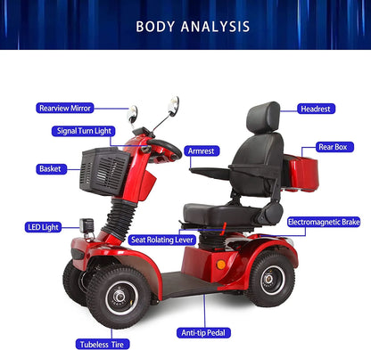 Secure 4-Wheel Adjustable Mobility Scooter with Charger, Red, 350 Lb Limit