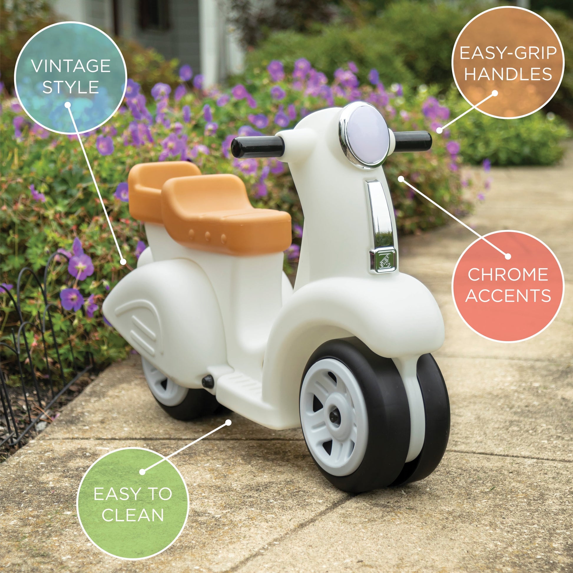 Ride along White Scooter Plastic Toddler Foot-To-Floor Riding Toy for Ages 18M-4Y