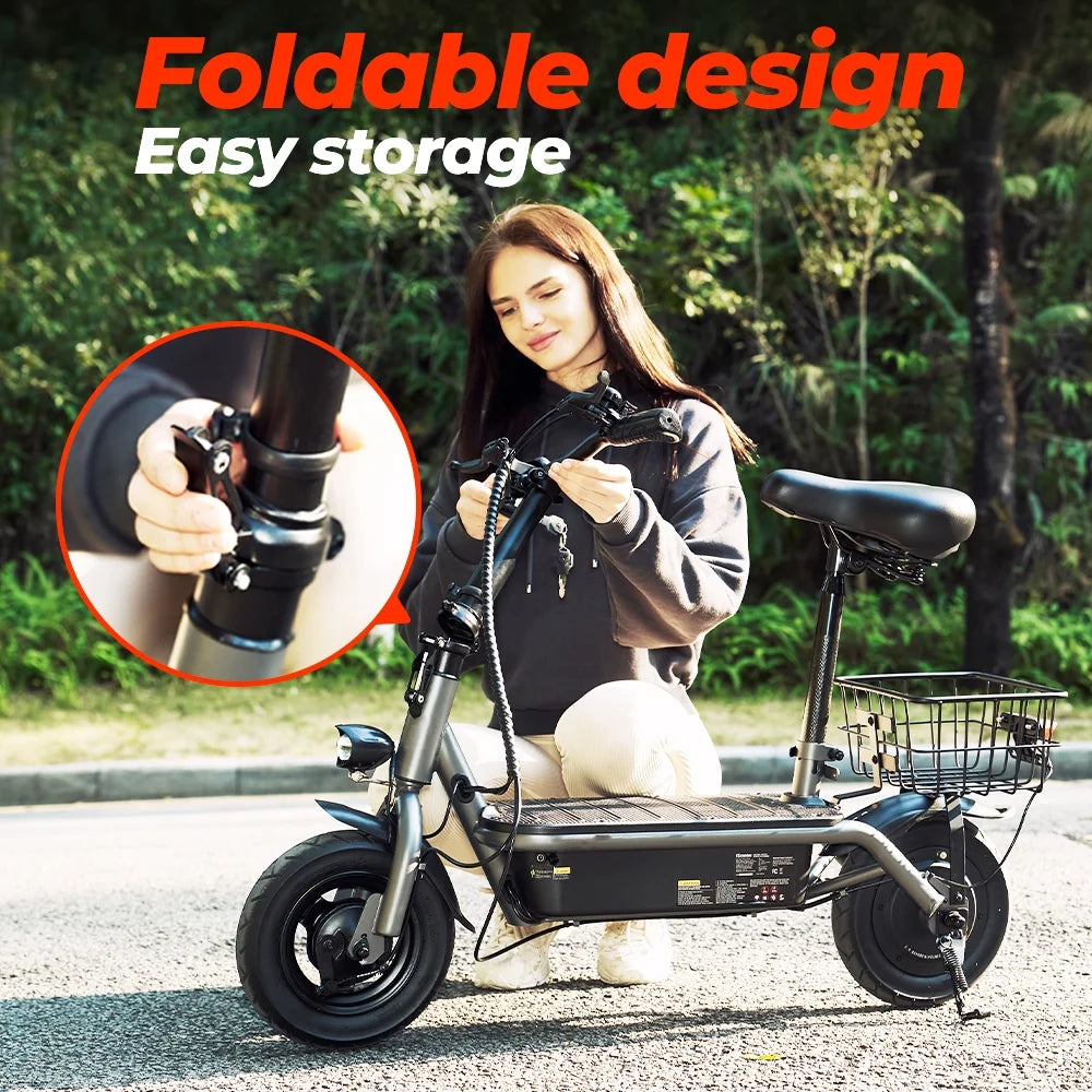 F2 500W Foldable Electric Scooter with Seat for Teen Adults,10 Inch Commuter Escooter with Basket & Wide Pedals - up to 18 Miles 19 Mph