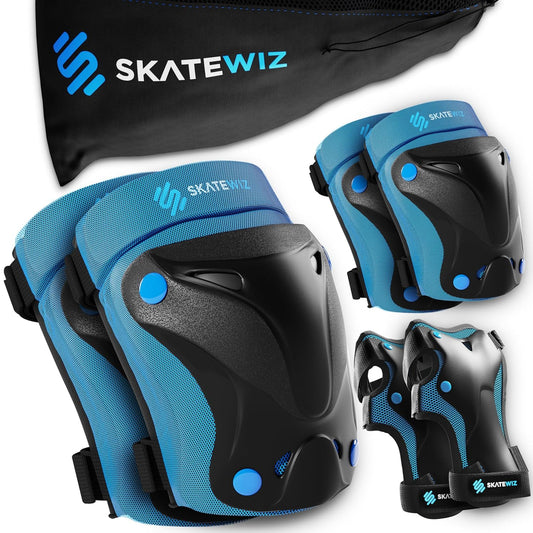 SKATEWIZ Knee Pads for Kids - Knee and Elbow Pads Set - PROTECT-1 - Size S Blue - Wrist Guards Skating Protective Gear, Skateboard, Roller Skate, Ice Skates for Kids