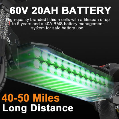 60V Adults Electric Scooter, 3200W Dual Motor up to 45Mph Speed, 50 Miles Max Range with 1200Wh Battery, Dual Disc Brake System and Shock Absorbers