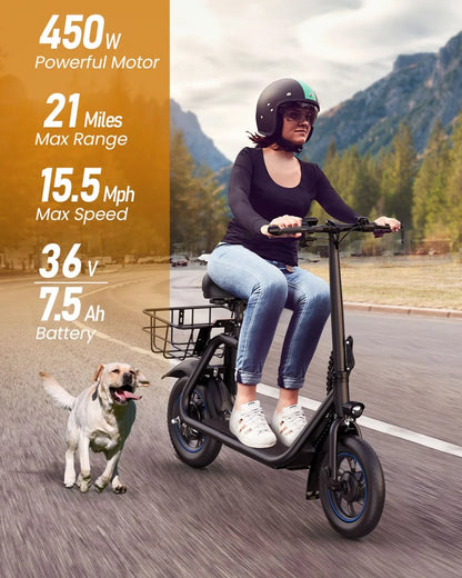 450W Electric Scooter with Seat, Commuter Electric Scooter for Adult with Basket & Free Phone Holder & Steel Cable Lock & Inner Tube- up to 21 Miles 15.5Mph-Blue