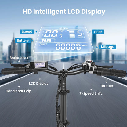 Electric Bike 16" X 3.0 Fat Tire Electric Bike 48V 350W Adult Folding Electric Bike 19.8MPH Urban Commuter Electric Bike with Smart LCD Display