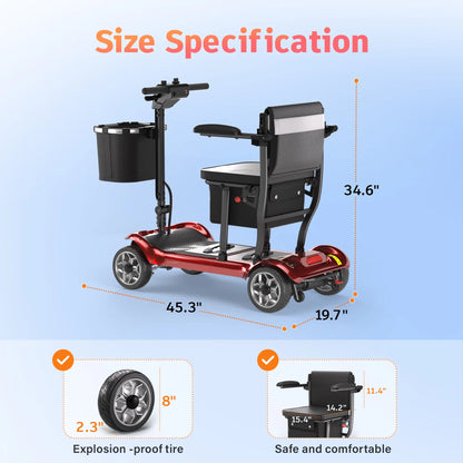 Light Weight 4 Wheels Mobility Scooter for Seniors, Electric Folding Wheelchair Device for Travel, Red