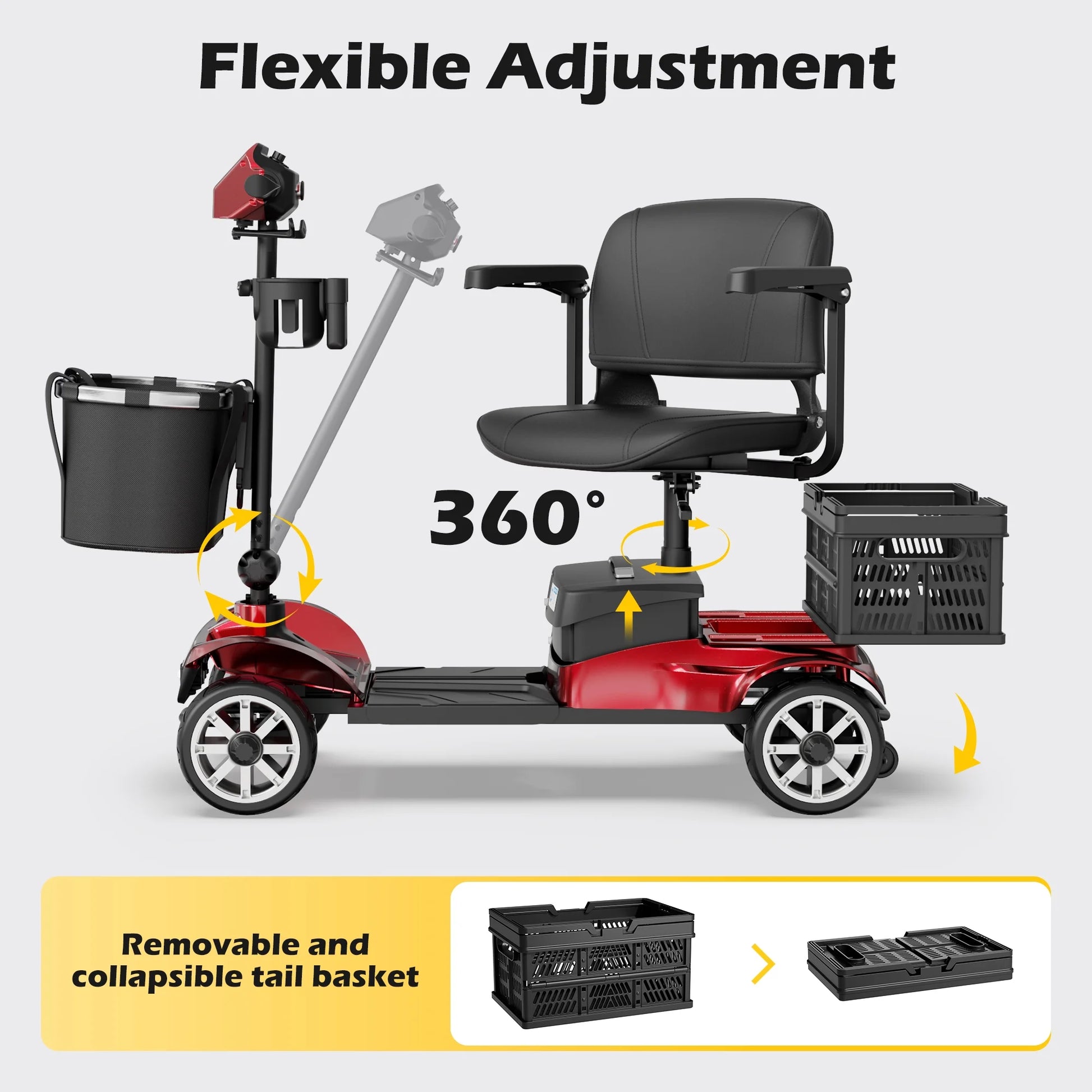 Upgrade 4 Wheels Mobility Scooter with Removable Battery, Compact Heavy Duty Mobile for Travel, Foldable Powered Wheelchair for Adult, 330Lbs, Red