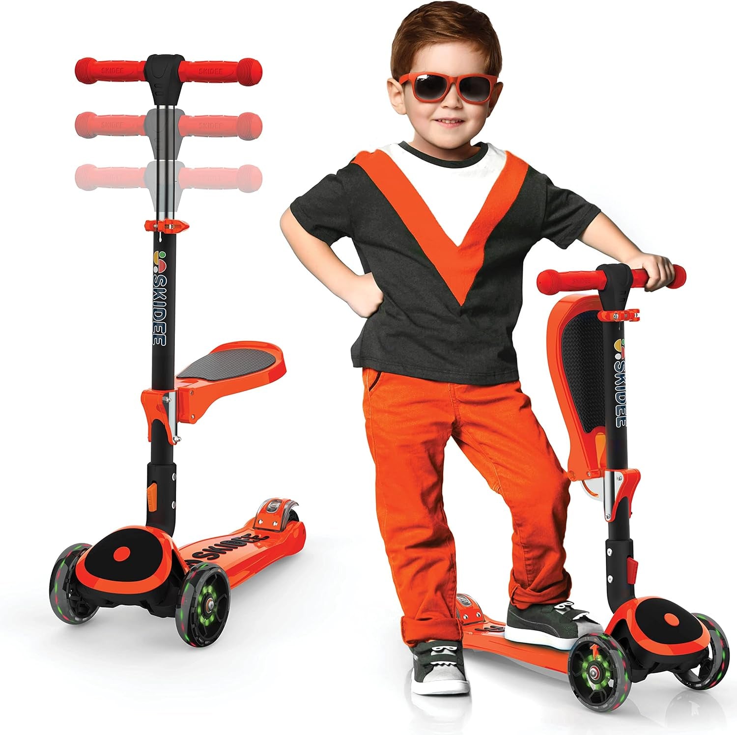 SKIDEE Kick Scooters for Kids Ages 3-5, Adjustable Height Foldable Scooter with Removable Seat, 3 LED Light Wheels, Rear Brake, Wide Standing Board, Suitable up to 12 Year Old Boys/Girls