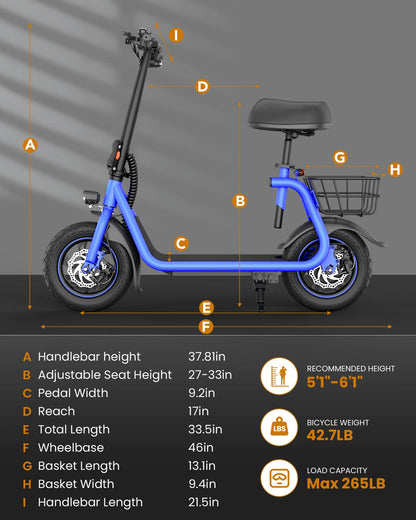 450W Electric Scooter with Seat, Commuter Electric Scooter for Adult with Basket & Free Phone Holder & Steel Cable Lock & Inner Tube- up to 21 Miles 15.5Mph-Blue