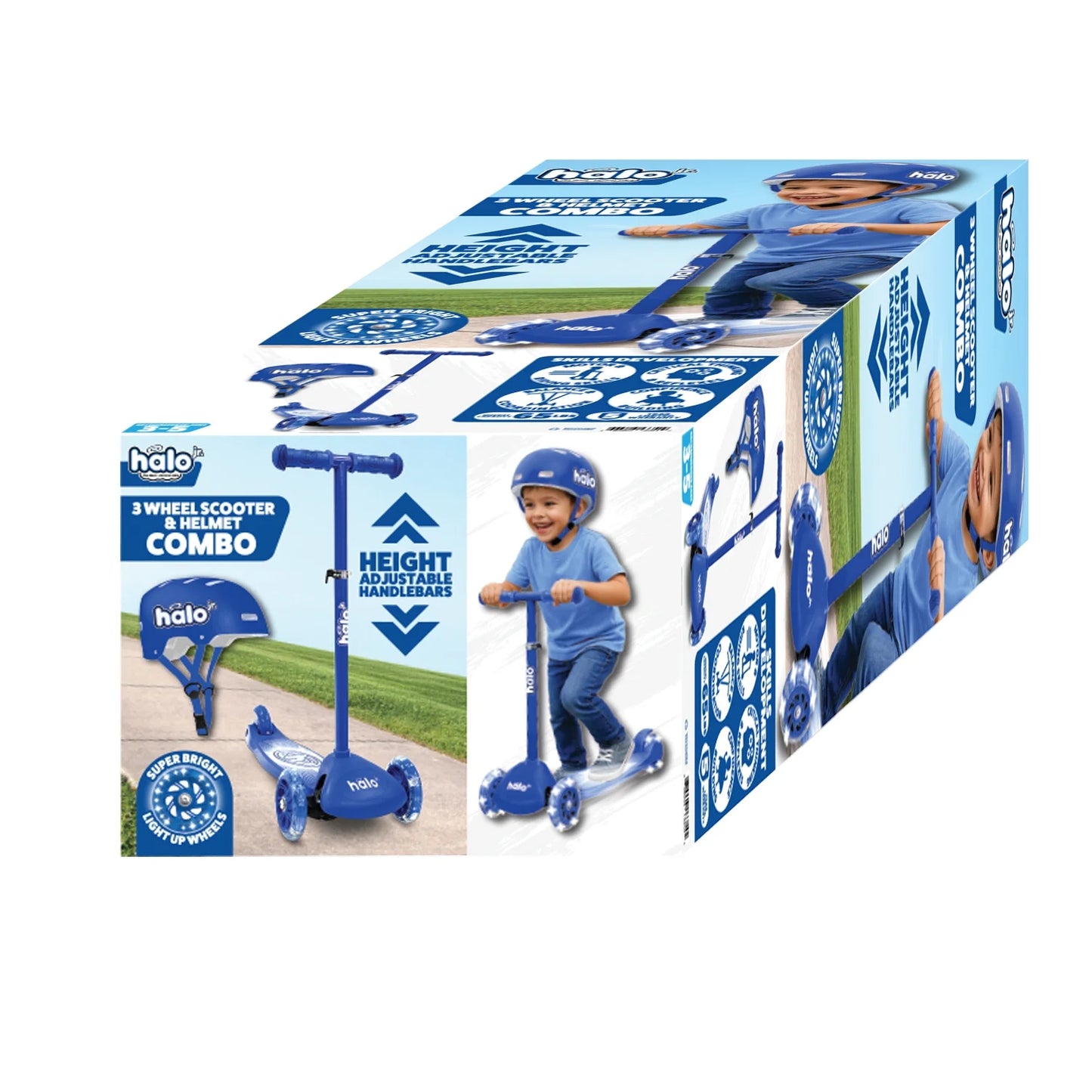 Jr 3 Wheel Scooter and Helmet Set - Blue 2+ - Light up Wheels and Adjustable Helmet