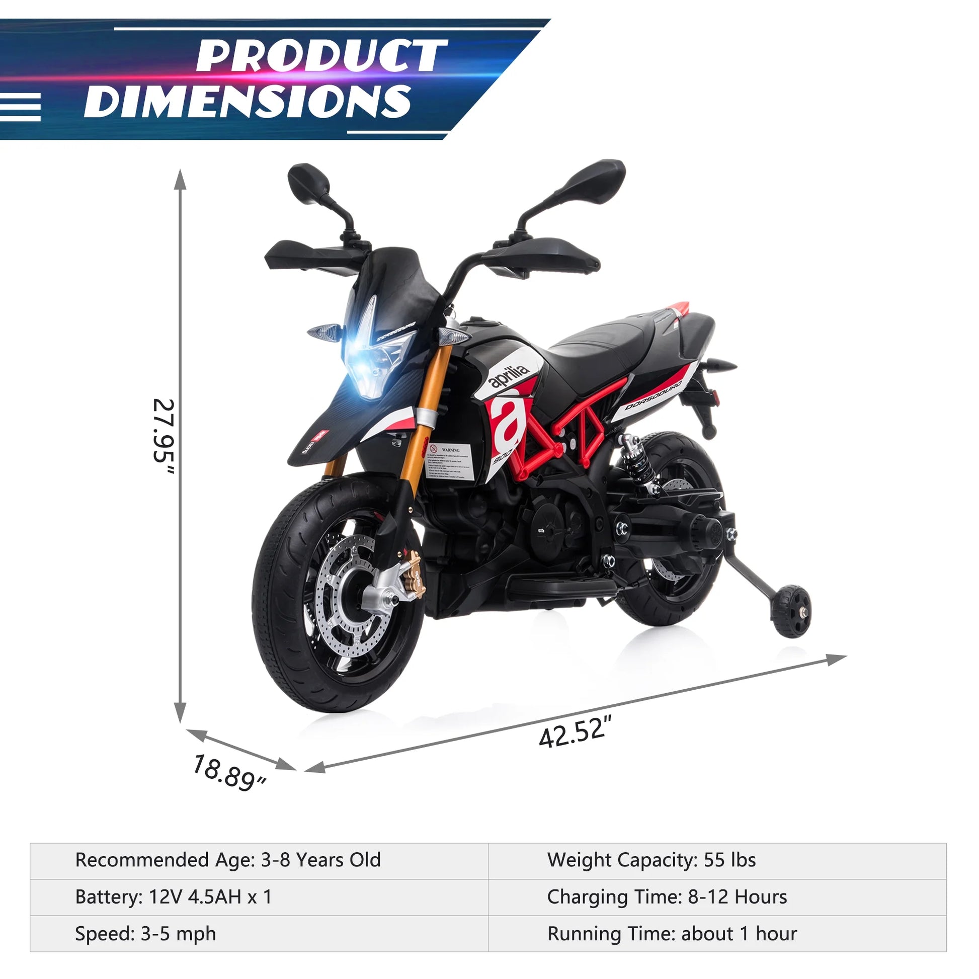 Aprilia Licensed 12V Ride on Motorcycle Electric Motorbike for Kids Child Toys W/Training Wheels, Music, LED Lights, MP3, USB