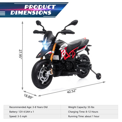 Aprilia Licensed 12V Ride on Motorcycle Electric Motorbike for Kids Child Toys W/Training Wheels, Music, LED Lights, MP3, USB