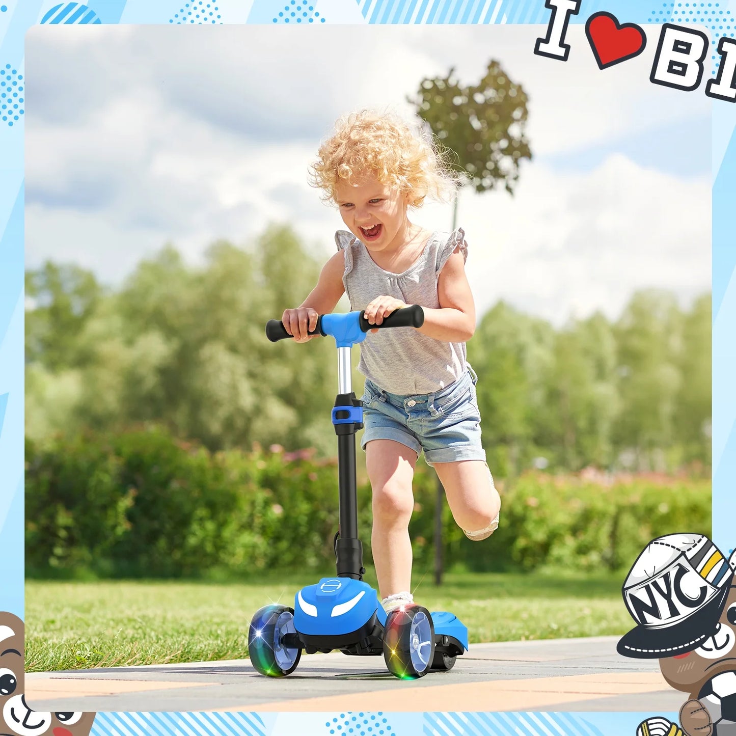 Electric Scooter for Kids 3+, 3-Wheels 70W Motor Escooter & Light-Up Wheels and Pedal, Foldable & Height Adjustable Toddler Motorized Scooters, E-Scooter for Girls Boys(Blue)