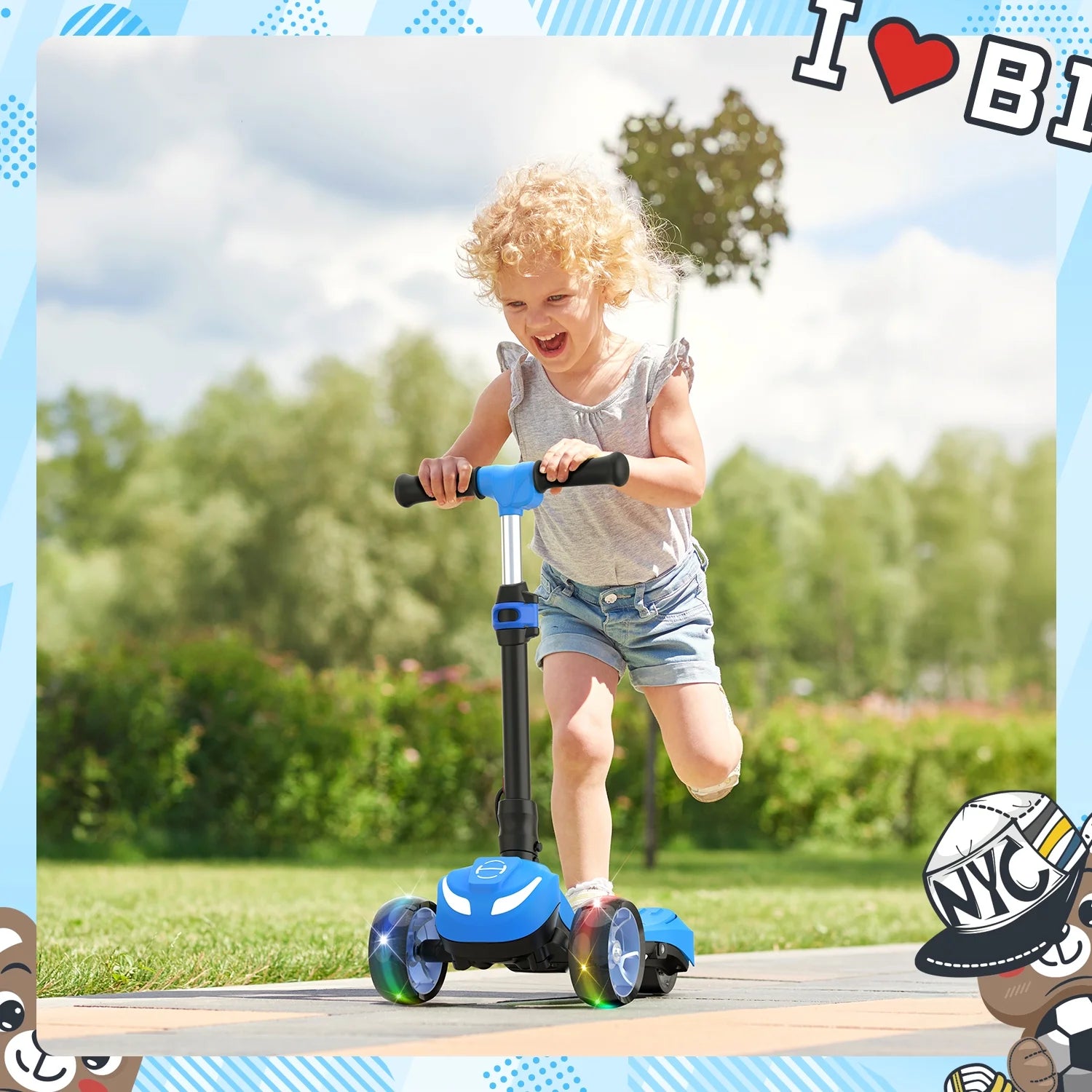 Electric Scooter for Kids 3+, 3-Wheels 70W Motor Escooter & Light-Up Wheels and Pedal, Foldable & Height Adjustable Toddler Motorized Scooters, E-Scooter for Girls Boys(Blue)