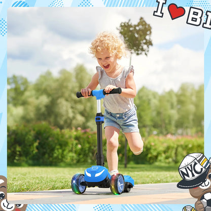 Electric Scooter for Kids 3+, 3-Wheels 70W Motor Escooter & Light-Up Wheels and Pedal, Foldable & Height Adjustable Toddler Motorized Scooters, E-Scooter for Girls Boys(Blue)