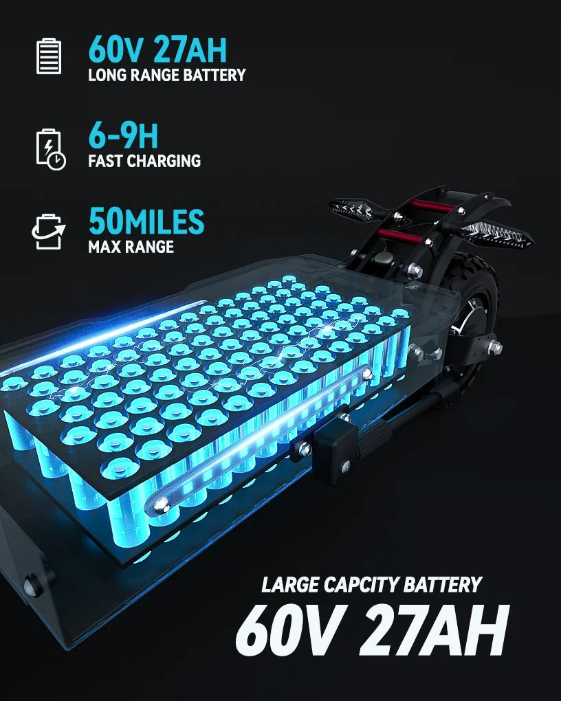 Adult Electric Scooter, Folding Scooter, Dual Motor 60V27AH Battery, Dual Disc Hydraulic Oil Brake, Dual Shock Absorption, with Seat