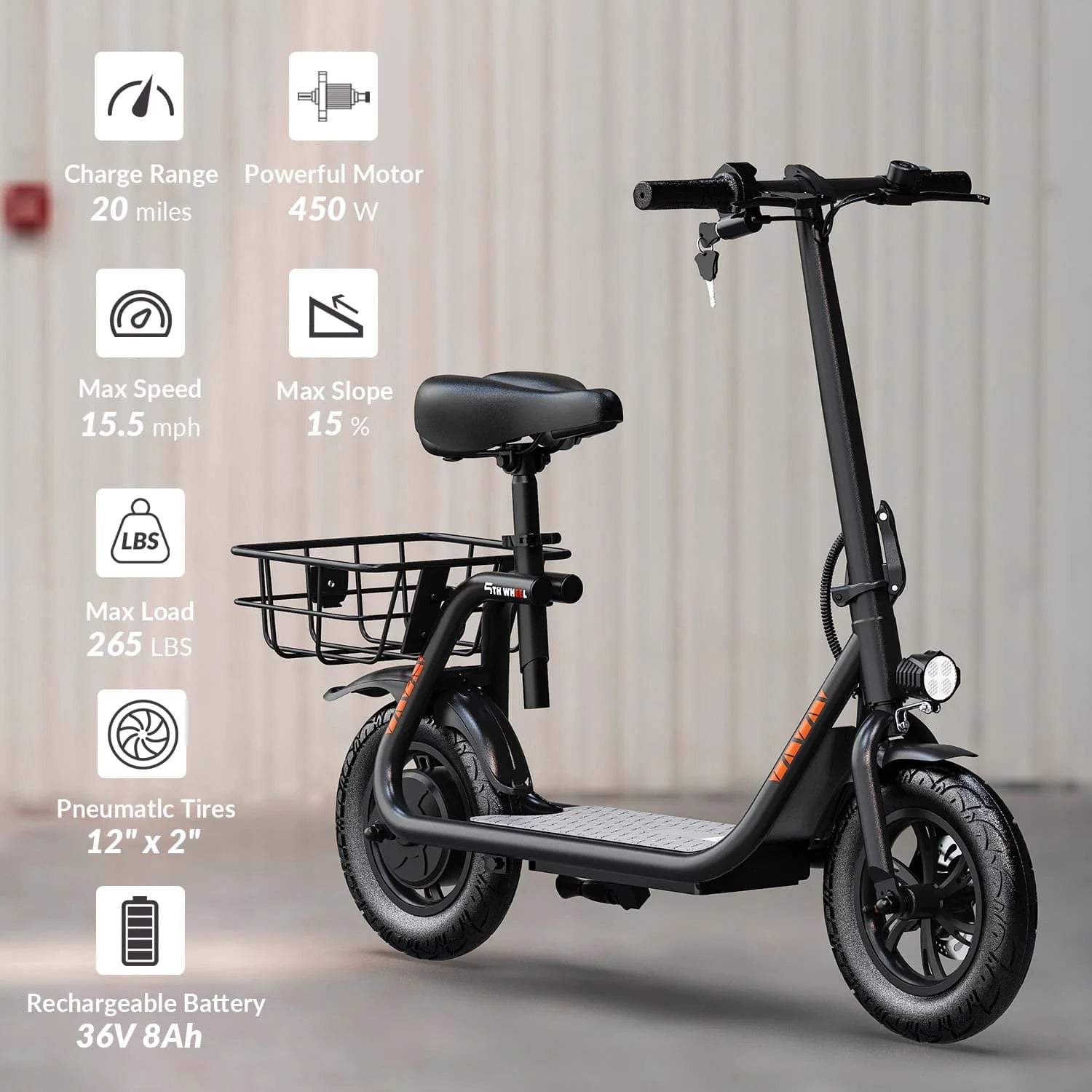 W18S 450W Motor Electric Scooter for Adults with Seat and Carry Basket, 36V 20Miles Range & 15.5Mph, 12" Foldable E Scooter for Commuting