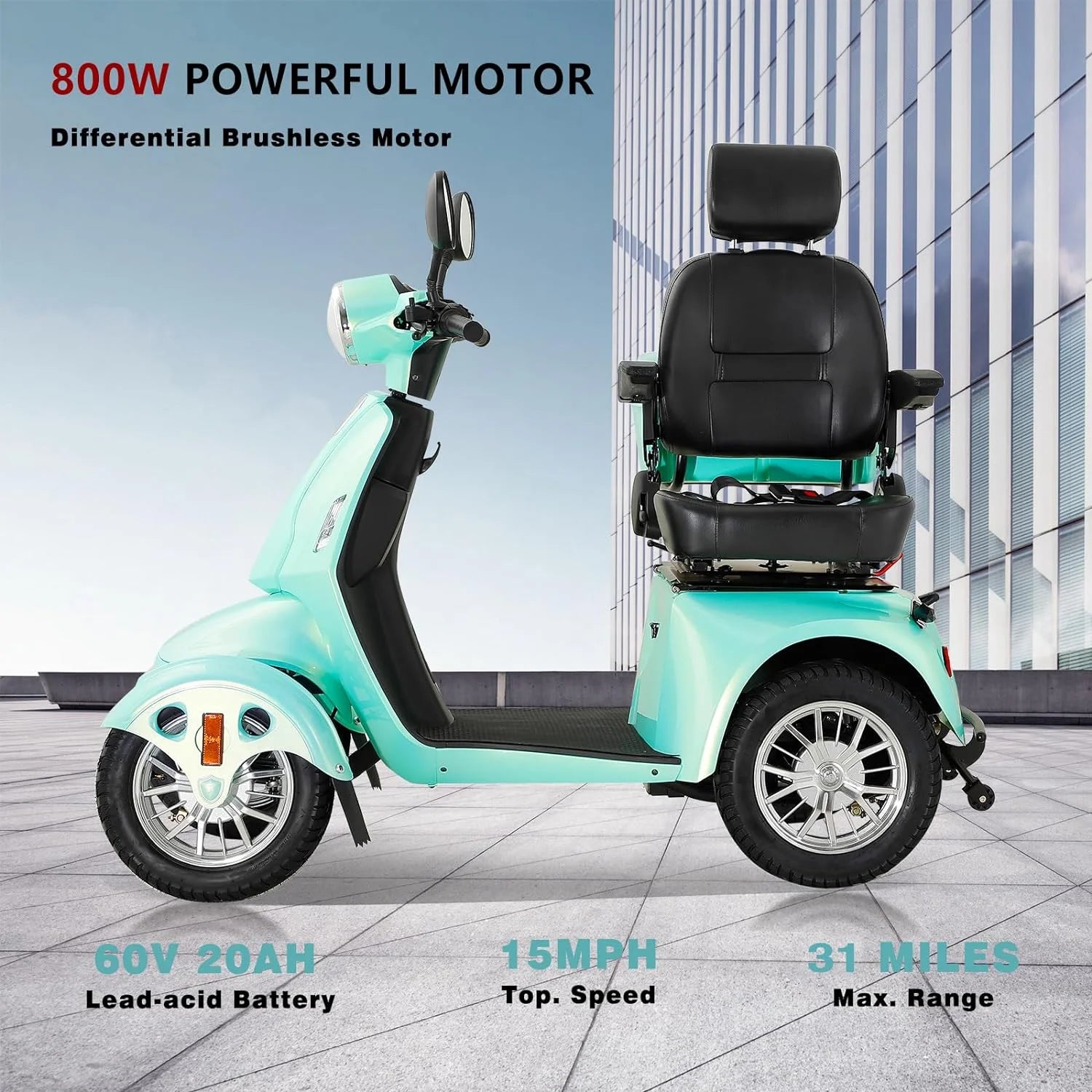 Mobility Scooter with Adjustable Seat & Storage Box, 4-Wheel, 800W Green