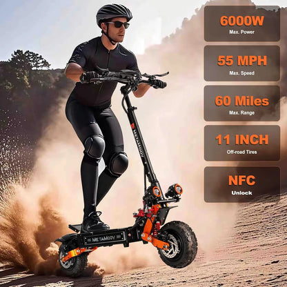 ZO01 plus 6000W Electric Scooter Dual Motors, 52MPH 60 Miles Long Range,11"Off-Road Tire with Seat for Adults