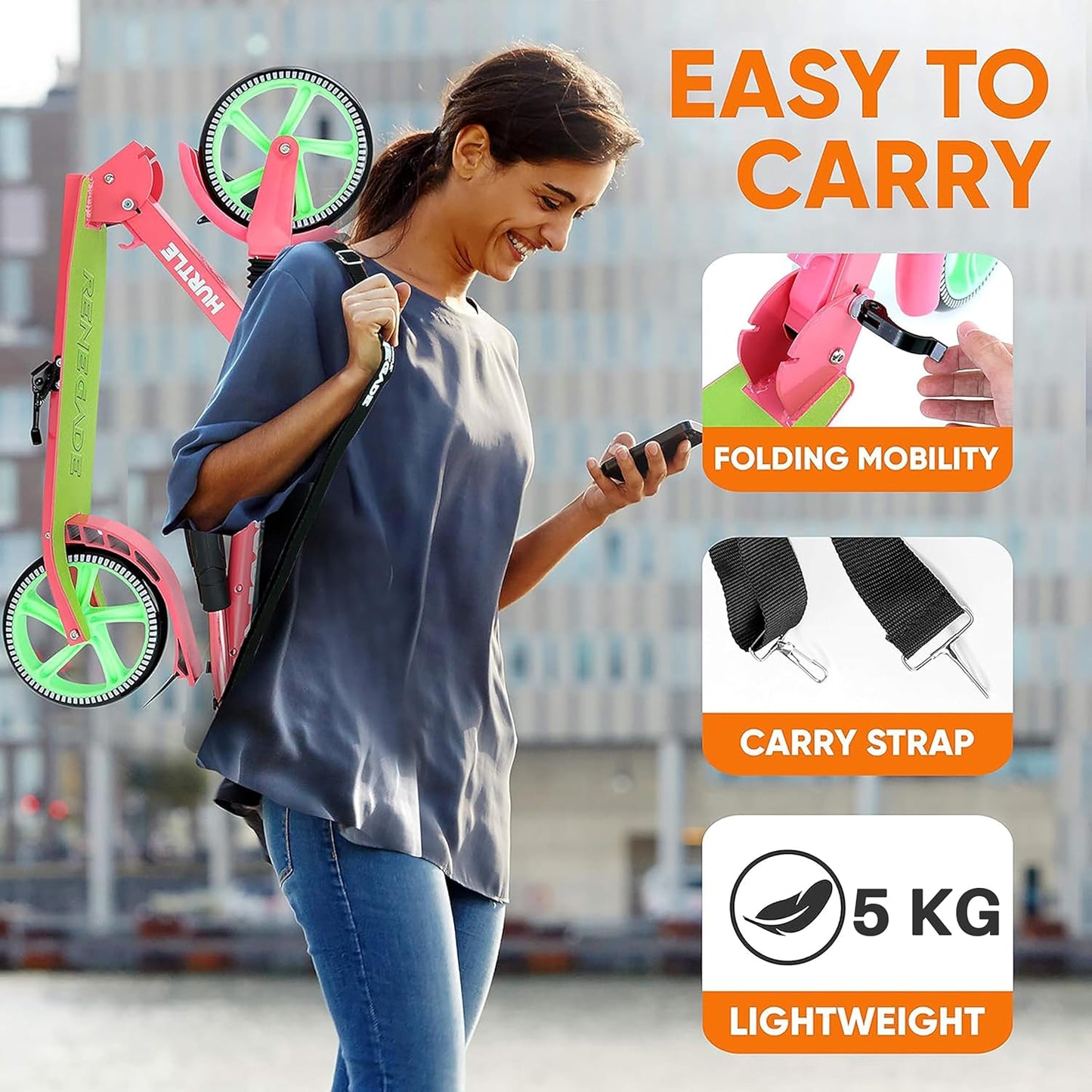 Hurtle Renegade Kick Scooter for Kids, Teenagers & Adults - 2-Wheel Folding Scooter with Adjustable T-Bar Handlebar - Alloy Anti-Slip Deck